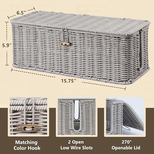BROWNLILY Cable Management Box, Rattan Style Cord Organizer for Desk Cord Hider Outlet Covers Baby Proofing for Power Strip TV PC Router Charger Under Desk Storage with Lockable Lid and Cable Ties-NeatNest