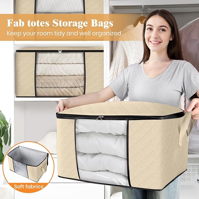 Fab totes 4 Pack Clothes Storage, Foldable Thick Fabric Blanket Storage Bags, Containers for Organizing Bedroom, Closet, Clothing, Comforter,Organization with Handle,Beige-NeatNest