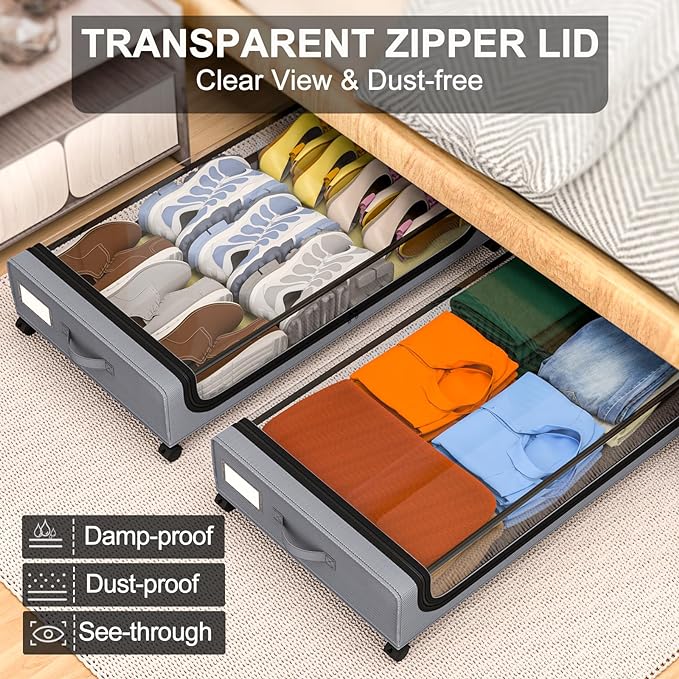 GoMaihe Under Bed Storage with Wheels: XXL Underbed Storage Containers with Lids - Rolling Bins for Shoes Clothes in Dorm Bedroom - Metal Drawers Easy Pull-out Grey 2-Pack-NeatNest