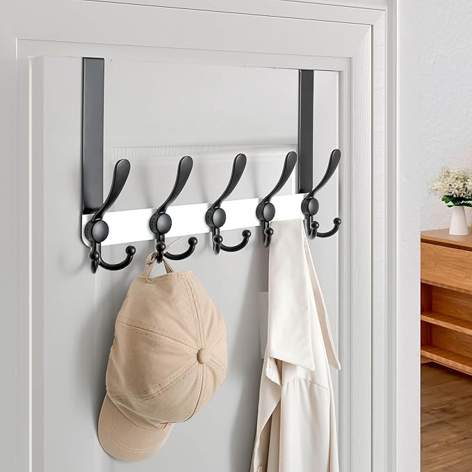 Dseap Over Door Hook 2.0 - Upgraded Version - Simple-Assembly, Strong, Heavy-Duty Stainless Steel 5-Tri-Hook Over The Door Hanger Rack, SimpleStrong Series, White & Black