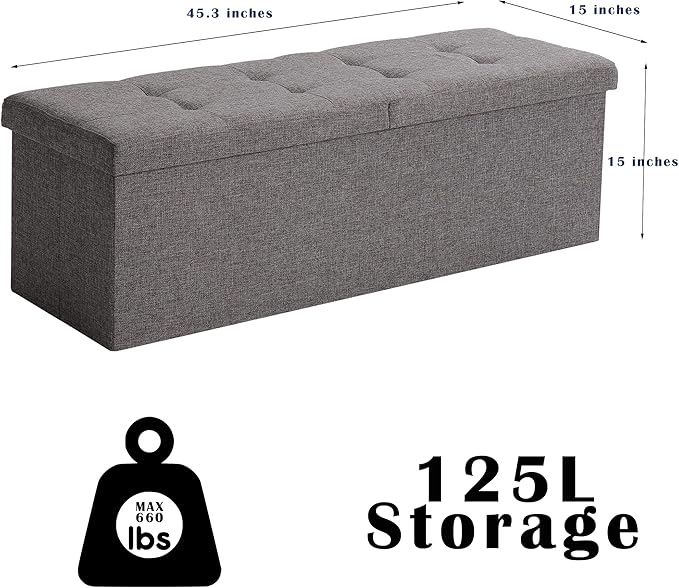 CUYOCA 45.3 Inches Ottoman Bench With 166L Storage Space - Foldable Seat Footrest Shoe Bench for End of Bed - Flipping Lid, Linen Fabric, Navy