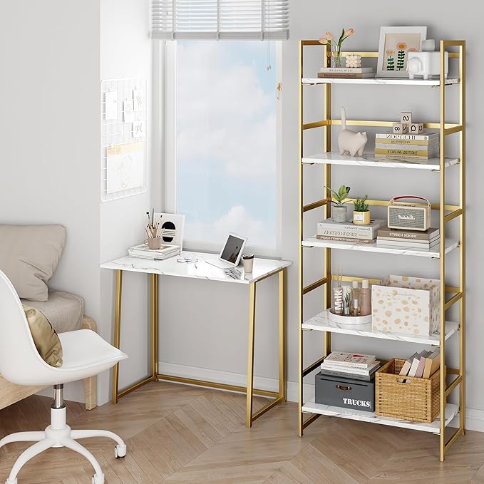 BHG No Assembly Folding Bookshelf for Living Room, 5 Tier Gold Collapsible Book Shelf for Home Office, Portable Bookcase Storage Organizer-NeatNest