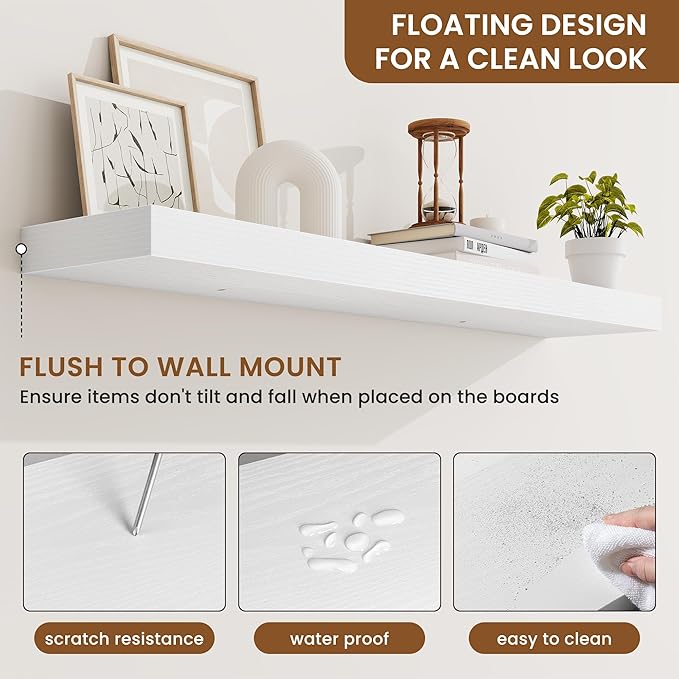 fuqing Floating Shelves for Wall, Bathroom Shelf Wall Mounted for Storage, Shelves with Invisible Bracket for Bedroom, Kitchen, Living Room, Farmhouse Small Book Shelf, 40 Inch Set of 2, White-NeatNest