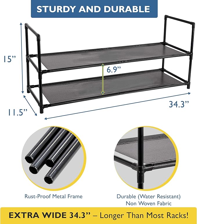 Sundaze Shoe Rack - 2 Tier Shoe Rack for Front Door Entrance, Sturdy Long Shoe Organizer for Closet, Bedroom, Entryway, Garage, Non Woven Fabric Shelf, Black, Holds Up to 10 Pairs-NeatNest