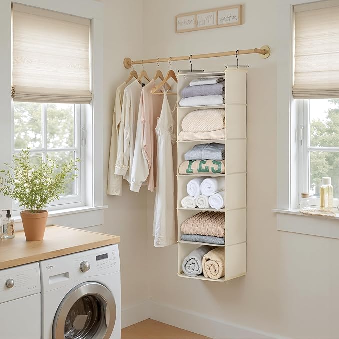 GRANNY SAYS 6 Shelf Hanging Closet Organizers and Storage, Collapsible Closet Hanging Organizer with 2 Sturdy Hooks, Large Hanging Shelves for Closet, College Dorm, Locker, Beige-NeatNest
