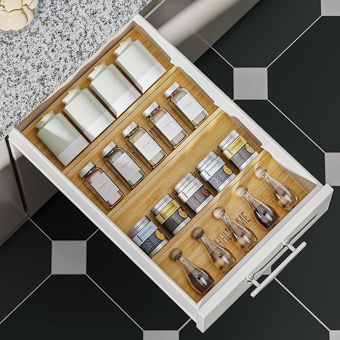 Bamboo Spice Drawer Organizer - 4 Pack 13"x4.7"x1.6" Spice Rack Tray - Spice Jars Drawers Insert - Seasoning Organizer for Drawers/Countertop (Jars not included)…-NeatNest