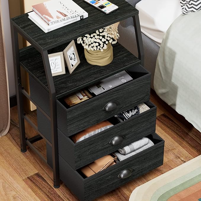 Furnulem Black Night Stand, Small Dresser for Bedroom, Nightstand with 3 Fabric Storage Drawers and 2-Tier Shelf, End Table Side Furniture for Closet, Hallway, Nursery, Sturdy Steel Frame, Wood Top-NeatNest