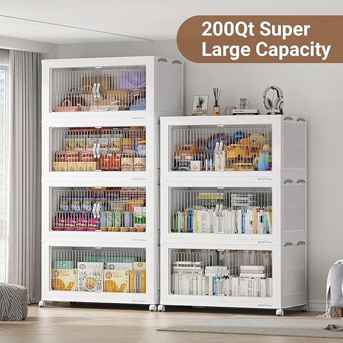 600Qt Extra Large Stackable Storage Bins with Lid, Closet Organizer Collapsible Drawer Boxes with Wheels, Folding Plastic Cabinet Containers for Home Kitchen Room Organization, 3Pack White