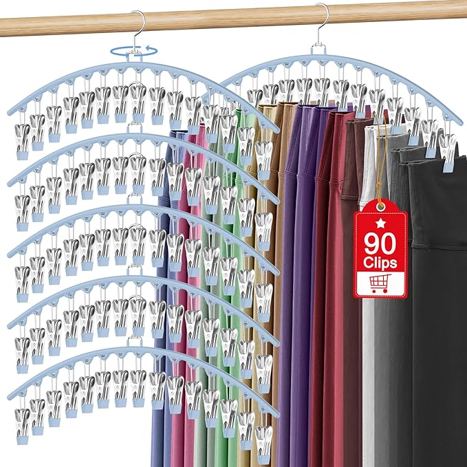 6 Pack Legging Organizer for Closet Hanging, Pants Hangers with 15 Clips Holds 45 Leggings, Shorts, Skirts, Jeans, Hats, Pants Hangers Space Saving Clothes Racks Closet Organizers and Storage, Blue-NeatNest