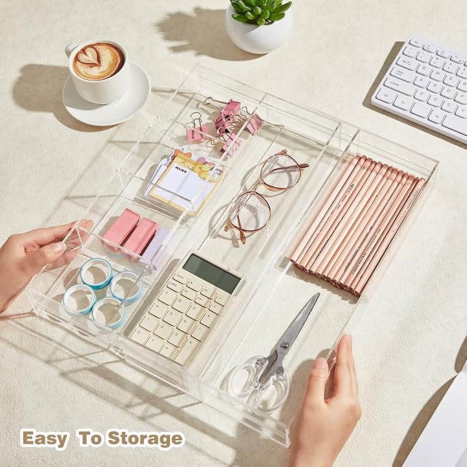 Acrylic Drawer Organizer Maximum 15.7 x 14.4 x 2.2 Inch Expandable Clear Drawer Organizer Pens Notebook Ruler Makeup Tray with 7 Adjustable Compartments for Desk Office Kitchen Bathroom