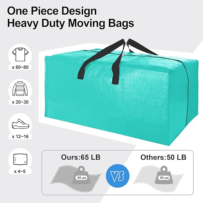 12 Pack Heavy Duty Large Moving Bags W/Backpack Straps - Strong Handles & Zippers, Storage Totes For Space Saving, Fold Flat, Alternative to Moving Box and Storage Bin, Aquamarine
