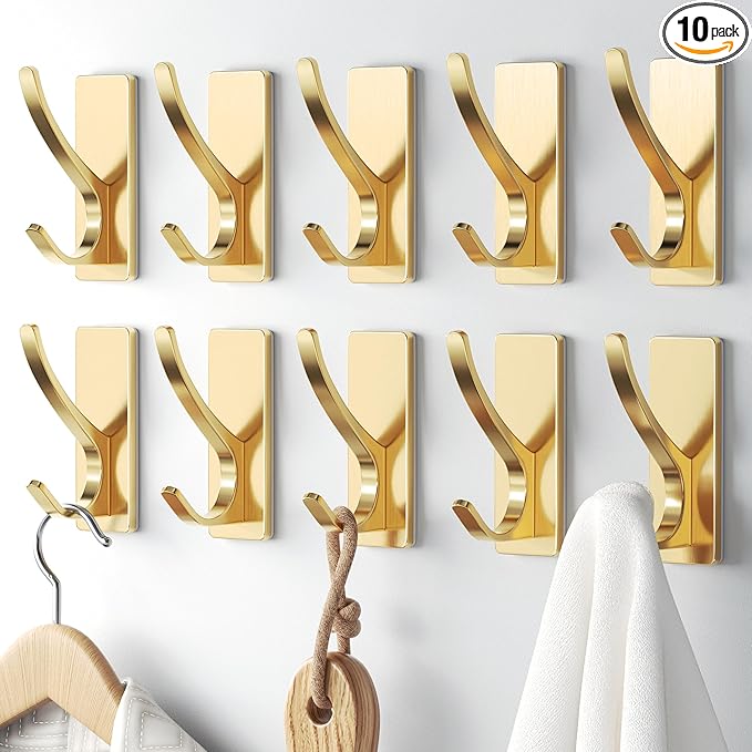 10 Pack Self Adhesive Coat Hooks for Hanging, Heavy Duty Stainless Double Wall Hook for Towel, Backpack, Hat, Sturdy Metal Hanger for Bathroom, Bedroom, Door, Wall Mounted, Brushed Gold