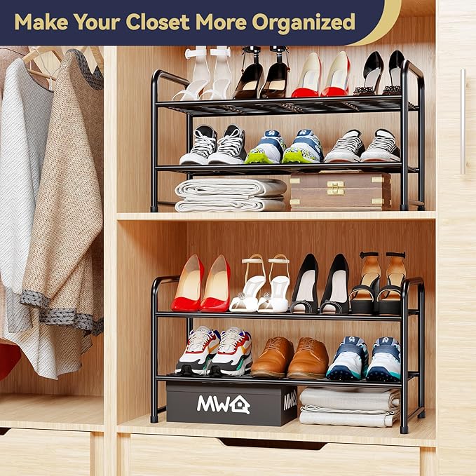 2-Tier 27” Wide Shoe Rack for Closet, Metal Stackable Shoe Shelf Organizer, Black-NeatNest