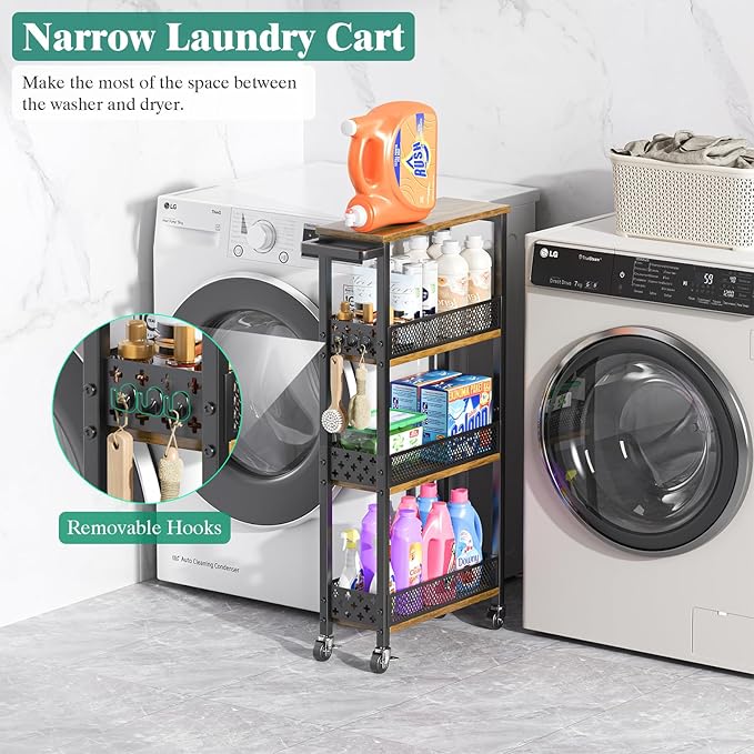 Giwil 4-Tier Slim Rolling Storage Cart for Kitchen Bathroom Organizer, Mobile Narrow Storage Cabinet Utility Cart with Wood Rack on Wheels for Pantry Laundry Small Space