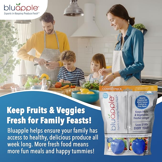 Bluapple Ethylene Gas Absorber Produce Saver Combo Pack - Keeps Fruits & Veggies Fresh in Refrigerator, Lasts up to 3 Months, 8 Packets and 2 Bluapples for 1 Year, Produce Storage, BPA Free, USA Made-NeatNest