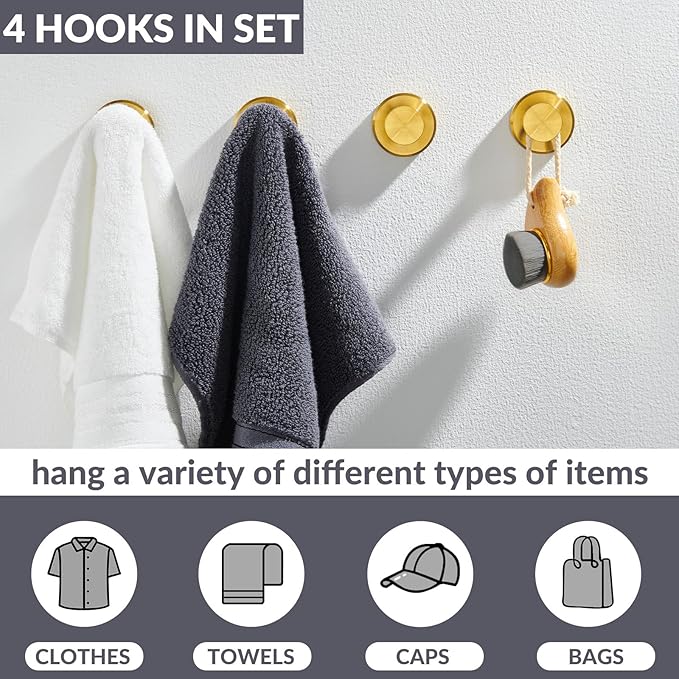 APLusee Round Robe Towel Hook 4 Pack Brushed Gold, 304 Stainless Steel Coat Utility Hook Bathroom Wall Mount