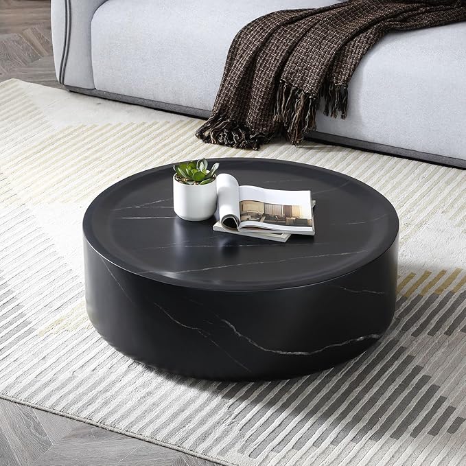 Marble Coffee Table, Modern Round Coffee Table, Circle Drum Coffee Tables, Fiberglass Center End Table for Living Room Apartment Office, No Assembly (31.49" Faux Marble Black)