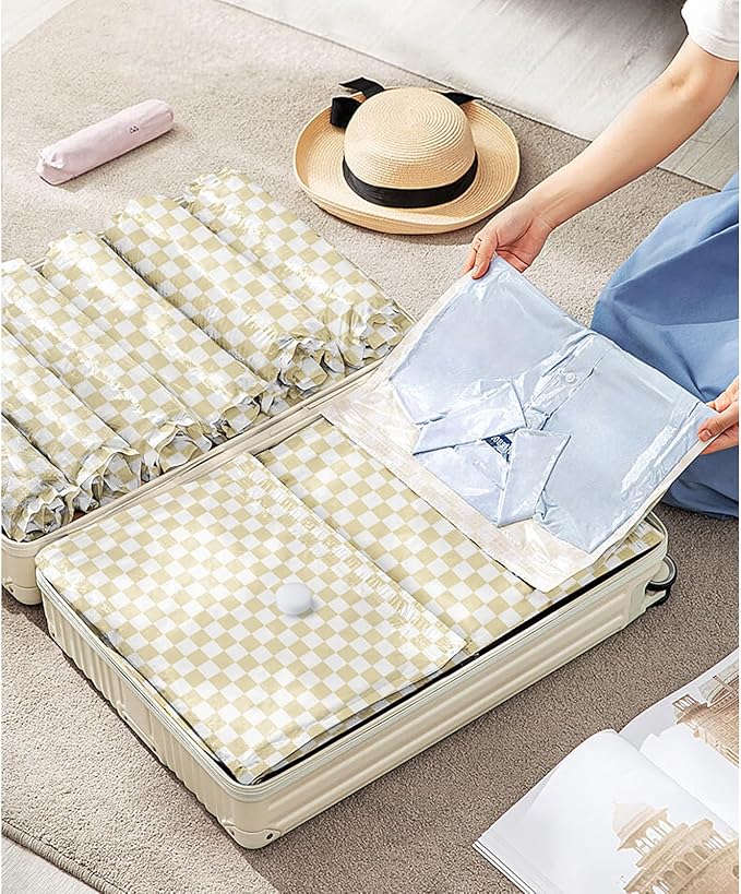 17Pack Vacuum Storage Bags, Vacuum Seal Bags for Clothing with Hand Pump, 3 Jumbo+4 Large+4 Medium+6 Small, 80% Space Saver Bags for Luggage,Comforters,Blankets, Home Travel Essentials(Khaki Check)-NeatNest