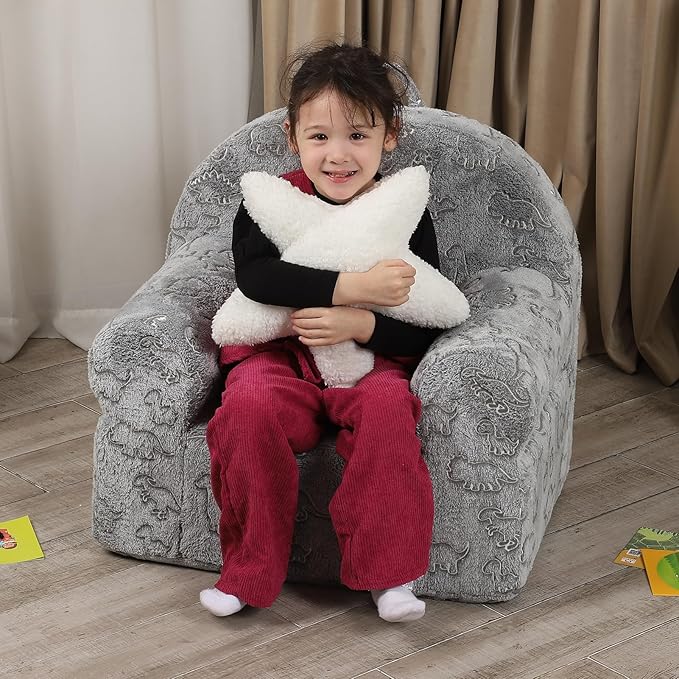 Dinosaur Glow in The Dark Kids Sofa with Star Throw Pillow, High Back Toddler Chair Glow in The Dark for Boys and Girls, Grey-NeatNest