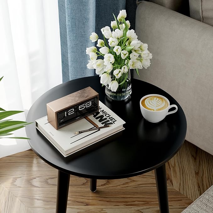 Apicizon Black Round Side Table, Black End Table Bedside Table Nursery with Wood Legs, Nightstand for Living Room, Bedroom, 16.5 x 20.5 Inches-NeatNest