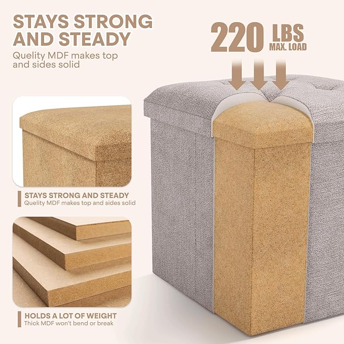 Ottoman Folding Storage Bench, 15x15x15 Inch, Foot Rest Stool for Living Room, Bedroom, Entryway, End of Bed - Multi-Functional Ottoman with Storage Light Brown