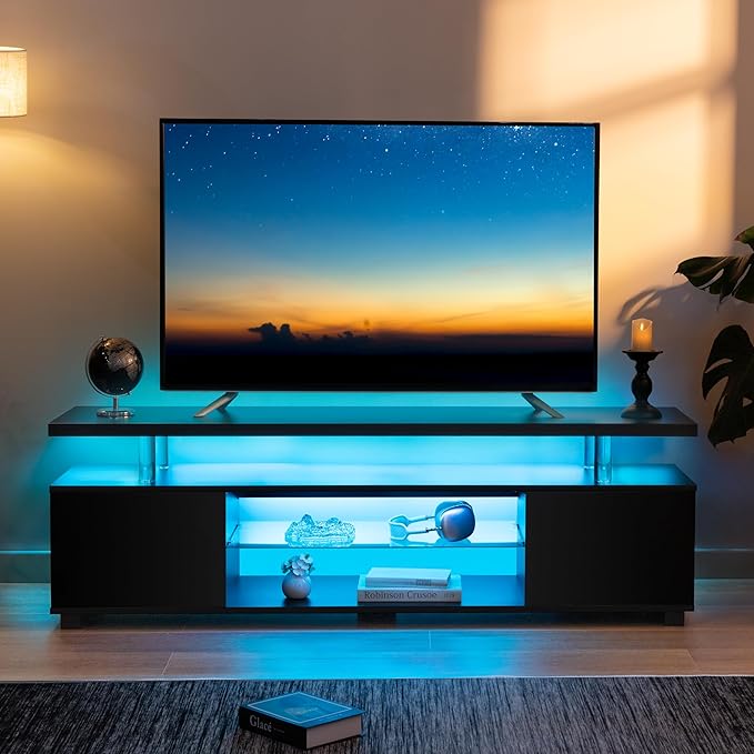 Black TV Stand 65 inch,LED TV Stand for Living Room,Glass Entertainment Center TV Stand, TV Console Tables for Living Room,Bedroom,Home Office-NeatNest
