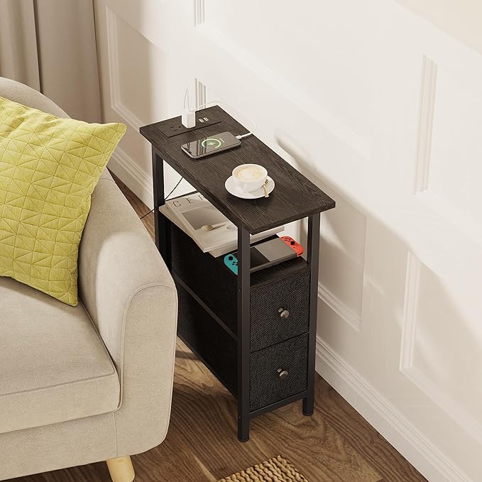 End Table with Charging Station, Narrow Side Table with 2 Fabric Drawers, Skinny Nightstand with LED Light, Slim Bedside Table for Bedroom, Living Room, Small Spaces, Black