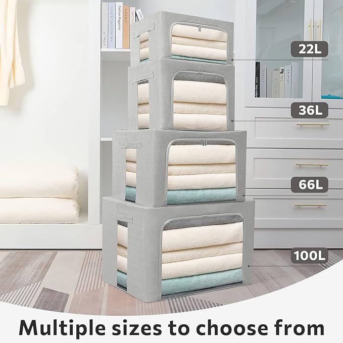 2 Pack Clothes Storage Bins Stackable Metal Frame Storage Box Large Capacity Foldable Linen Fabric Box Organizer with Carrying Handles and Clear Window (Light Gray, 19.7x 15.7x 12.6 Inch)-NeatNest