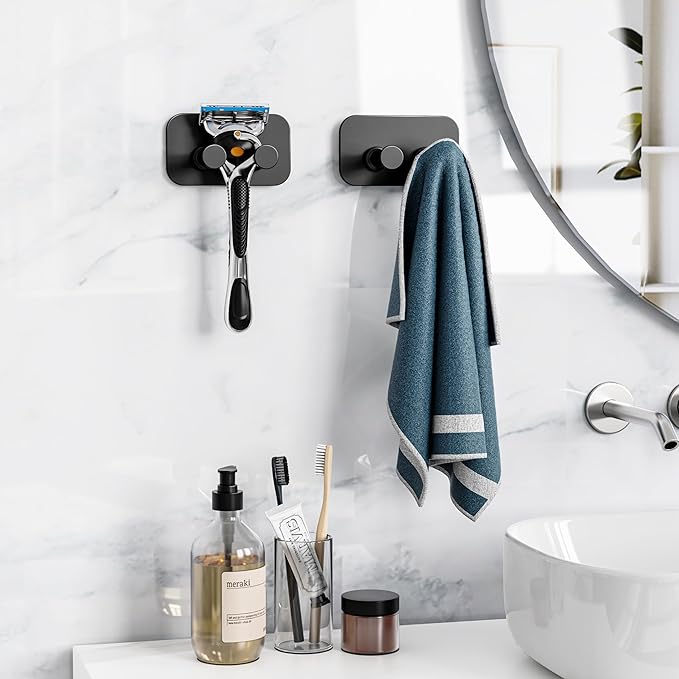Adhesive Shower Hooks for Bathroom - Heavy Duty Hooks for Towel, Shaver, Robe and Loofah, Razor Holder, Wall Mounted, Black, 4 Pack