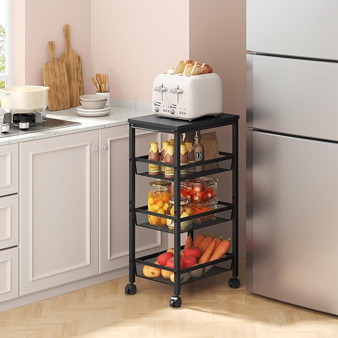 Hoctieon Rolling Storage Cart, 4-Tier Wide Panel Rolling Kitchen Storage Cart, Utility Cart with Handle & Wheels, Mobile Shelving Unit, Metal Frame Narrow Cart for Home Kitchen, Laundry, Black