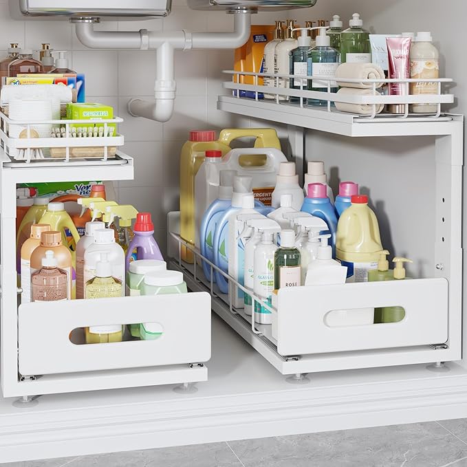 2 Pack 21 IN Depth Pull Out Cabinet Storage With Smooth Rails,2-Tier Dual Pull Out Cabinet Storage For Bathroom Kitchen,Under Sink Shelf-White-NeatNest