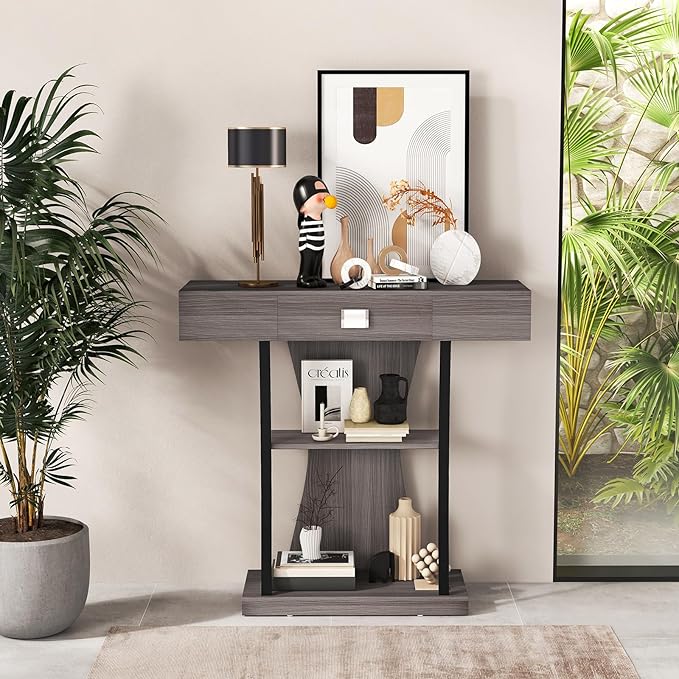 Giantex Narrow Console Table T-Shaped - Behind Couch Table with Drawer, Shelves, Dual Anti-Tipping Kits, Modern Foyer Table, Sofa Side Table for Living Room, Entryway, Hallway, Entry Table (Gray)-NeatNest