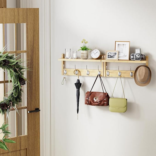 Coat Rack with Shelf, 2 Pack Bamboo Wall-Mounted Coat Hanger with 8 Hooks for Entryway, Hallway, Kitchen, Bathroom, Living Room, Utility Room (Natural)-NeatNest