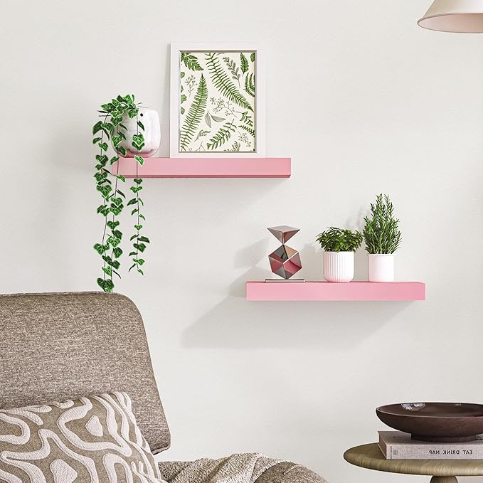 BAMEOS Pink Floating Shelves for Wall, 16" x 6" Wall Shelves for Room, Floating Book Shelves, Hanging Shelves for Bedroom, Bedroom, Living Room, Kitchen (Set of 2)-NeatNest