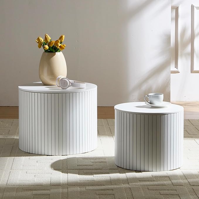 Small Nesting Round Coffee Table Set of 2, Modern Wooden Circle Accent End Side Table for Living Room, Bedroom, No Assembly Required, White