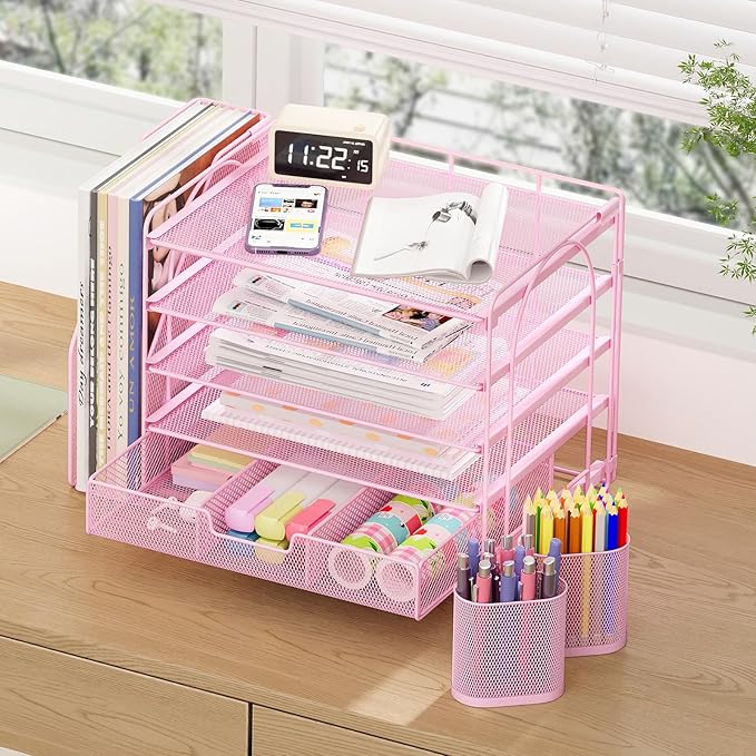 Desk Organizers and Accessories, 5-Tier Paper File Organizer with Drawer & Pen Holder, Office Desk Accessories Workspace Desktop Organizer for Office Supplies((Pink)-NeatNest