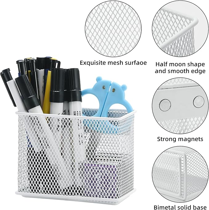 dedoot Magnetic Pencil Holder, Locker Pencil Holder Strong Magnetic Holder for Whiteboard Marker, 4.7x2.3x3.7inch Black Mesh Magnetic Holder for Fridge, Sponge, Recipe, Beverage,White-NeatNest