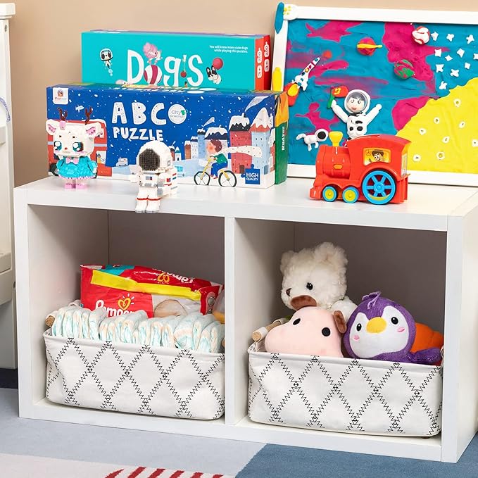 Decorative Collapsible Rectangular Fabric Storage Bin Organizer Basket with Wooden Handles for Clothes Storage,15.4x10.6x5.1 inch,White-NeatNest