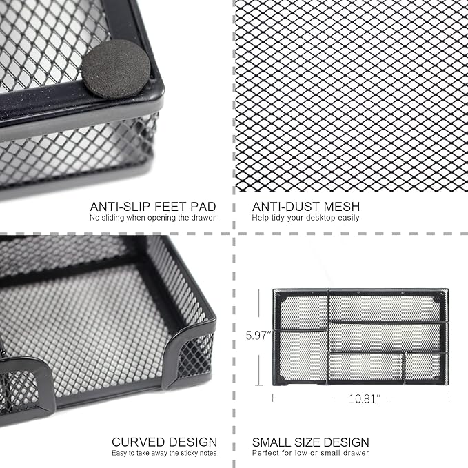 Desk Drawer Organizer Tray, Metal Mesh Drawer Office Drawer Organizer w/6 Compartment, Small Desk Organizer Tray for Home Office School Supplies, Desktop, 11X 6 X 1.45in, Black-NeatNest