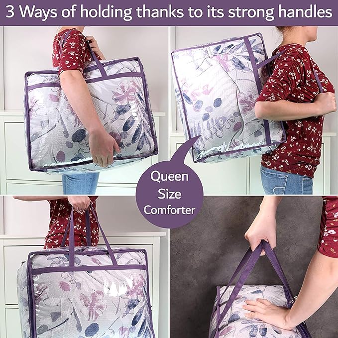 Clear Vinyl Zippered Storage Bags (3-Pack) 40L Sturdy Storage Bags for Sweaters, Blankets, Comforters, Bedding Sets and Much More! (Purple, 18x15x9)-NeatNest