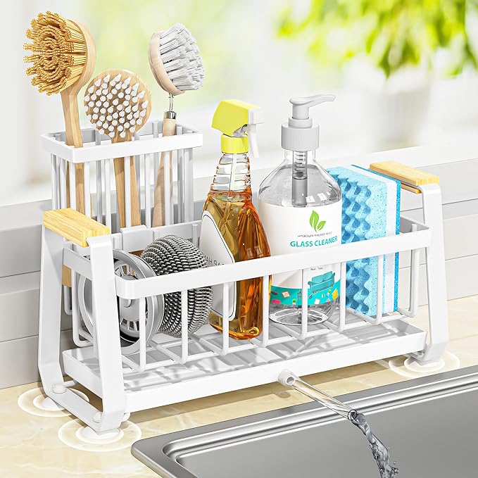 Doasuwish Kitchen Sink Caddy with High Brush Holder,Self-Draining kitchen Countertop Organizer,Rustproof 304 Stainless Steel,Non-Slip Stability High Storage Sponge Holder for Kitchen Sink White-NeatNest