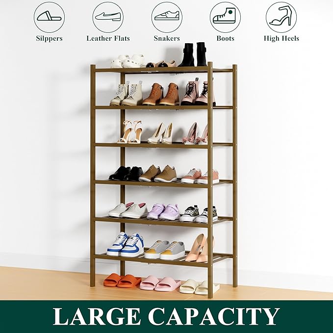 Smiry Shoe Rack, 6 Tier Thick Bamboo Shoe Organizer, Stackable Free Standing Wooden Shoe Storage Shelf for Closet, Entryway, Front Door Entrance, Walnut-NeatNest