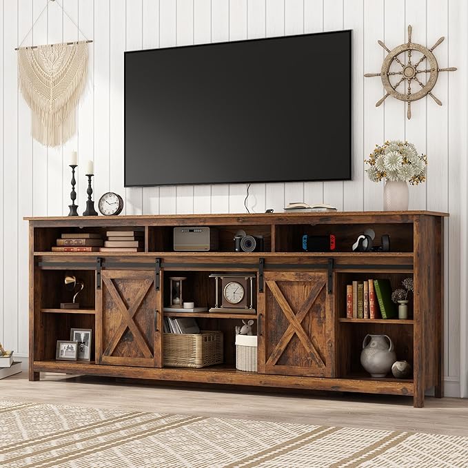 80in Wooden Farmhouse Entertainment Center for 90/85 inch TV,Double Layer Storage Farmhouse TV Stand,Double-Row Sockets with Wood Sliding Barn Door TV Stand(Double Layer Vintage Brown)-NeatNest