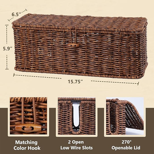 BROWNLILY Cable Management Box, Rattan Style Cord Organizer for Desk Cord Hider Outlet Covers Baby Proofing for Power Strip TV PC Router Charger Under Desk Storage with Lockable Lid and Cable Ties-NeatNest