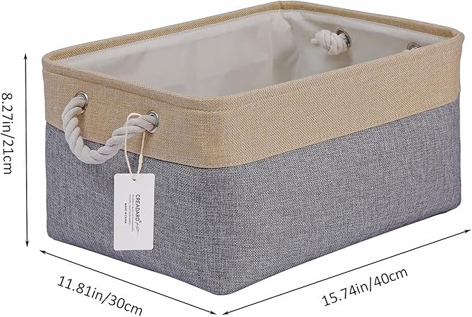 Fabric Storage Basket Set of 3, Foldable Linen Storage Box for Nursery and Home, Collapsible Canvas Shelf Basket for Wardrobe or Bedroom, Grey and Beige