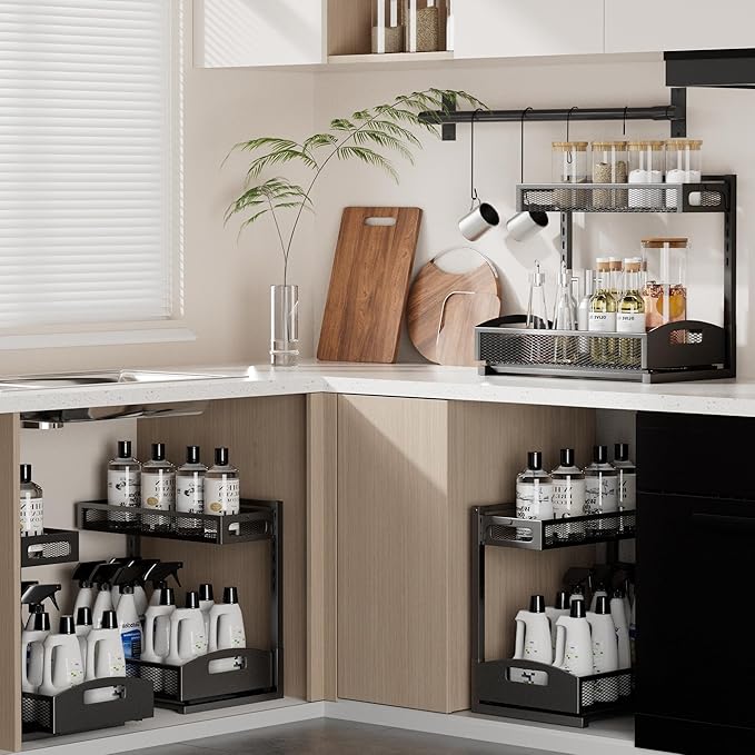 Under Sink Organizer,2 Pack Height Adjustable Under Sink Organizers and Storage, 2 Tier Under Sink Storage for Kitchen Bathroom Cabinet-NeatNest