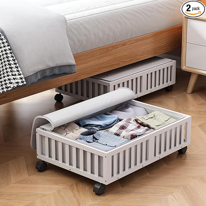 Bamboo Under Bed Storage Containers with Wheels, 2 Pack Under the Bed Shoe Storage Bins, Wood Rolling Underbed Drawers Organizer for Bedroom, Closet, Clothes Blanket Comforter and Under Crib Toy White-NeatNest