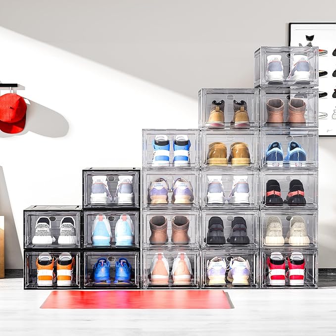 Upgrade Harder Solid Plastic Shoe Organizer, Shoe Storage with Magnetic Front Door, Shoe Rack 6 Pack Shoe Boxes Clear, Sneaker Storage, Shoe Organizer for Closet, Shoe Display Case, Black-NeatNest
