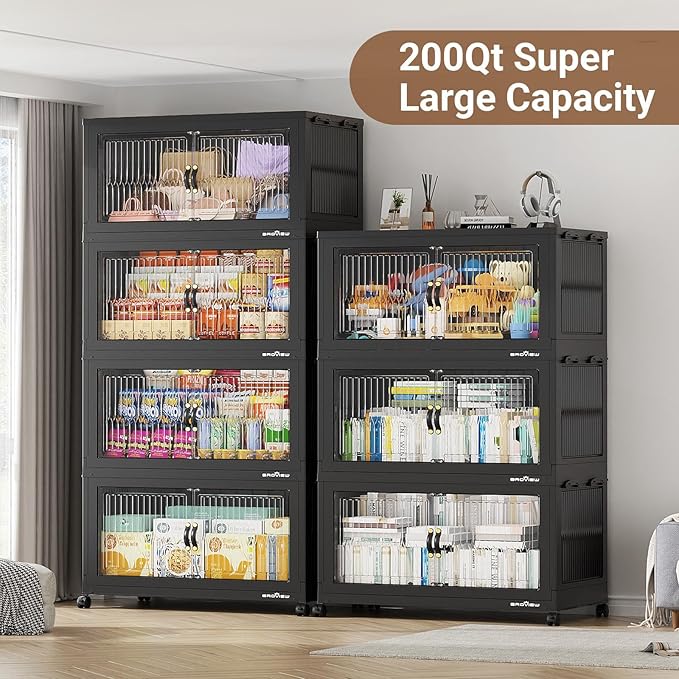600Qt Extra Large Stackable Storage Bins with Lid, Closet Organizer Collapsible Drawer Boxes with Wheels, Folding Plastic Cabinet Containers for Home Kitchen Room Organization, 3Pack Black