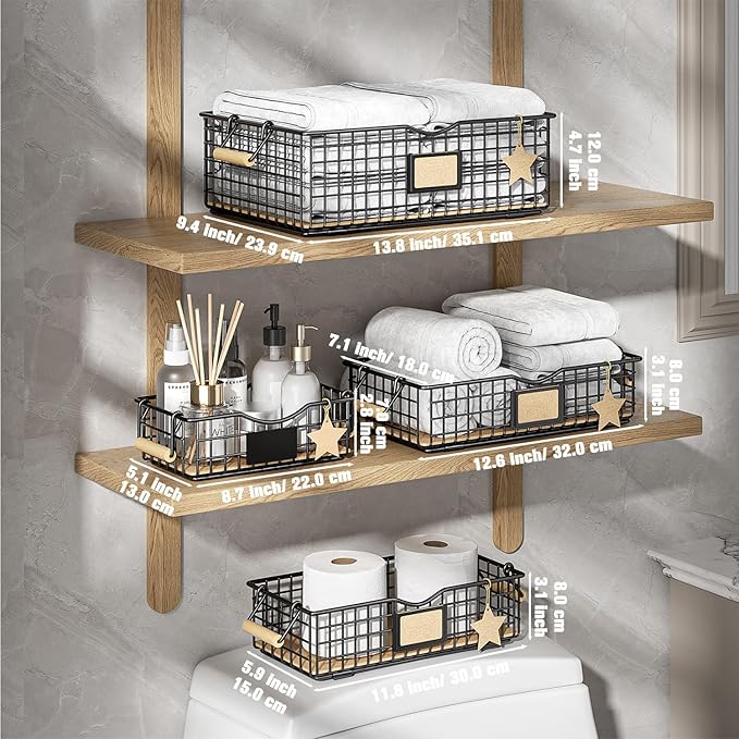 Bathroom Tray and Organizer Basket, 4 Pack Storage Baskets with Wooden Handles, Multipurpose for Bathroom, Coffee Bar, Kitchen cabinet, Living Room - Black-NeatNest